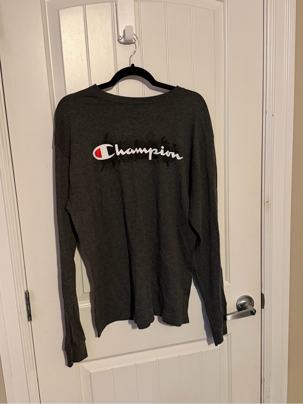 Champion Heather Gray Long Sleeve Logo Shirt with Blue & Red Emblem